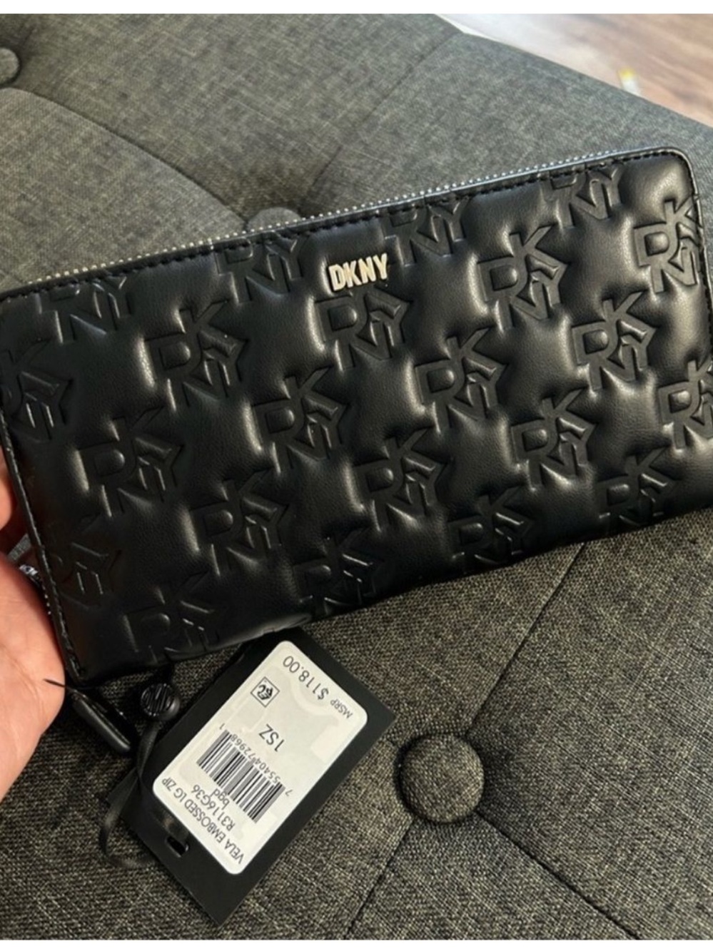 DKNY Vela Black Embossed Large Vegan Leather Zip-Around Wallet
